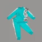 1-2-3 Yaş Payetli Pelüş Tşan Desenli Likra Penye Kumaş Sweat Pantolonlu Kız 2Li Çuk Takımı Mint Yeşili