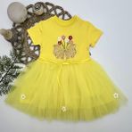 1-2-3 Yaş Tül Fiyonk Çiçekler Nakışlı Astarlı Kız Bebek Tütü Elbisesi Sarı - 2 Yaş
