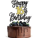 1 adet Happy 16. doğum günü pastası süsü simli siyah altın şerefe 16 yaş pasta dekorasyonu 16 muhteşem pasta dekorasyonu Happy 16. doğum günü yıl dönümü parti pasta dekorasyonu için