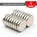 1 Adet Neodyum Mıknatıs Çap: 25mm Kalınlık: 5mm D25x5 Ndfeb Güçlü Mıknatıs Yuvarlak N087