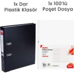 1 Adet Tigra Dar Klasör 1 Adet Noki 100'LÜ Poşet Dosya Ofis Seti - Siyah