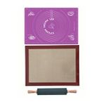 1. Sınıf Fırın Pişirme Altlığı, Mor Ölçülü Hamur Açma Matı 45 X 65 Cm, Bambu Saplı Silikon Merdane Çok Renkli