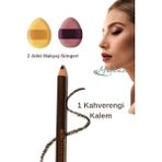 1 Suya Dayanıklı Dolgun Dudak Göz Pürüzsüz Eyeliner Kaş Boyama Kalemi Peeling Dudak 2 Makyaj Süngeri - Kahverengi 03