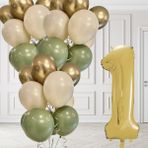 1 Yaş Retro Küf Yeşili Krom Gold Kum Beji Balon Seti Gold Rakam Doğum Günü Balonu Şık Parti Süsleme - Çok Renkli