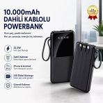 10.000Mah Led Ekranlı Dahili Kablo Powerbank 22.5W Hızlı Şarjlı Ultra İnce Tasarım Taşınabilir Powerbank