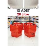10 Adet - 28 Litre Plastik Market Alışveriş Sepeti Saplı Dayanıklı Market Mağaza El Sepeti Kırmızı