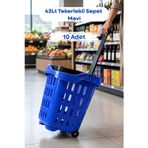 10 Adet - 43 LT Tekerlekli Market Sepeti | Plastik Alışveriş Sepeti Ergonomik Çift Saplı Mavi