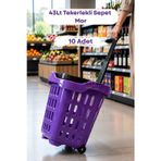10 Adet - 43 LT Tekerlekli Market Sepeti | Plastik Alışveriş Sepeti Ergonomik Çift Saplı Mor