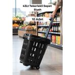 10 Adet - 43 LT Tekerlekli Market Sepeti | Plastik Alışveriş Sepeti Ergonomik Çift Saplı Siyah