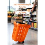 10 Adet - 43 LT Tekerlekli Market Sepeti | Plastik Alışveriş Sepeti Ergonomik Çift Saplı Turuncu