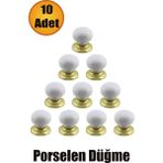 10 Adet Tere Porselen Gold & Altın Beyaz Düğme Mobilya Mutfak Çekmece Dolap Dolabı Kulpu Kulbu. - Standart