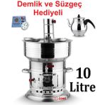 10 Litre Paslanmaz Krom Odunlu Kömürlü Çay Semaveri Odunlu Kömürlü Semaver Demlik Hediyeli Semaver