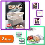 10 LT Sürgülü Kapaklı Erzak Un Bakliyat Saklama Kabı + 3 Bölmeli Pratik Kahvaltılık - 2li Set M6S6A9