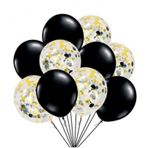 10 lu Siyah Balon Gold Konfetili Set