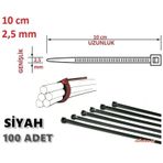 100 Adet 10cmx2.5mm Siyah Plastik Cırt Kelepçe Kablo Bağı