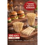 100 Adet Bambu Çatallı Kürdan 9 cm Kokteyl Kürdanı Aperatif Sunum Kürdanı Mini Burger Kürdanı