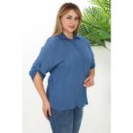 %100 Cotton Büyük Beden Kadın Müslin Kumaş Gömlek - 46 - Mavi