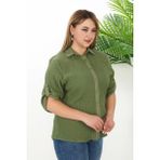 %100 Cotton Büyük Beden Kadın Müslin Kumaş Gömlek - 48 - Haki