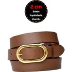 %100 Hakiki Deri, Gold Renk Tokalı 2 cm Açık Kahverengi Kadın Kemeri; Elbise, Pantolon KEMERI_2OVAL - 115 cm