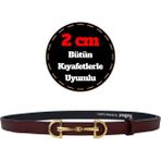 %100 Hakiki Deri, Gold Renk Tokalı Ince 2 cm Bordo Kadın Kemeri; Elbise, Pantolon Kemerid&d - 115 cm