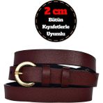 %100 Hakiki Deri, Gold Renk Tokalı Ince 2 cm Bordo Kadın Kemeri; Elbise, Pantolon Kemeri_kilit - 120 cm