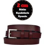 %100 Hakiki Deri, Gümüş Tokalı Ince 2 cm Bordo Kadın Kemeri; Elbise Kemeri, Pantolon Kemeri_kare - 100 cm