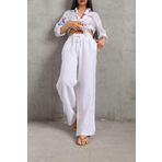 %100 Keten Geniş Paça Bol Kesim Bağcıklı Lastikli Kadın Pantolon @Leon