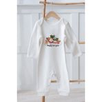 %100 Organik Pamuk Uzun Kollu Yılbaşı Temalı Bebek Tulum - Beyaz - 0 - 3 Ay