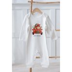 %100 Organik Pamuk Uzun Kollu Yılbaşı Temalı Bebek Tulum - Beyaz - 6 - 9 Ay