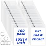 100 Paket Kuru Silme Cepleri Toplu Büyük Boy Yeniden Kullanılabilir Kuru Silme Cep Kolları 6 Halka, 10x14 Beyaz Bilet Tutucu, Şeffaf Plastik Levha Koruyucular, Öğretmen Okulu Sınıf Malzemeleri