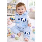 %100 PAMUK 3 PARÇALI KAPÜŞONLU FİL FİGÜRLÜ ERKEK BEBEK YELEK TAKIM-BEBE MAVİSİ - 12 - 18 Ay - Açık Mavi