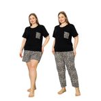 %100 Pamuk Büyük Beden 3 Parça Kadın Pijama Takımı Leopar L