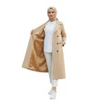 %100 Pamuk Ekstra Uzun (120cm) Tam Kalıp Kadın Tesettür Trençkot (Açık Bej, XS)