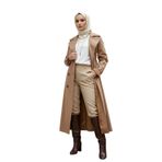 %100 Pamuk Ekstra Uzun (120cm) Tam Kalıp Kadın Tesettür Trençkot (Koyu Bej, S)
