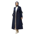 %100 Pamuk Ekstra Uzun (120cm) Tam Kalıp Kadın Tesettür Trençkot (Lacivert, XS)