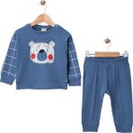 %100 Pamuk Erkek Bebek Ayıcık Baskılı 2’li Eşofman Takımı – Günlük Spor Set (6-18 Ay) - Lacivert - 6 Ay