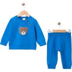 %100 Pamuk Erkek Bebek Ayıcıklı Eşofman Takımı – 2’li Sweatshirt Pantolon (6-18 Ay) - Mavi - 9 Ay