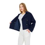 %100 Pamuk Gabardin Astarlı Oversize Geniş Kalıp Kadın Crop Kısa Trençkot 1122 (Lacivert, XL)