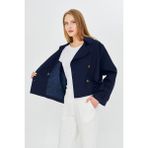 %100 Pamuk Gabardin Astarlı Oversize Geniş Kalıp Kadın Crop Kısa Trençkot 1122 - Lacivert