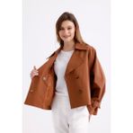%100 Pamuk Gabardin Astarlı Oversize Geniş Kalıp Kadın Crop Kısa Trençkot 1122 (Taba, XL)