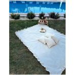 %100 Pamuk Ham Keten Fırfırlı Yer Masa Piknik Örtüsü Sofra Bezi (160 x 220), 4 Minder (40 x 40) Set