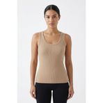 %100 Pamuk Kaşkorse V Sırt Detaylı Günlük Basic Crop Top Kadın Atleti/Bluz (Bej, M)