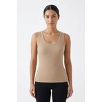 %100 Pamuk Kaşkorse V Sırt Detaylı Günlük Basic Crop Top Kadın Atleti/Bluz (Bej, M)
