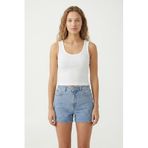 %100 Pamuk Kaşkorse V Sırt Detaylı Günlük Basic Crop Top Kadın Atleti/Bluz (Beyaz, S)