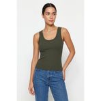 %100 Pamuk Kaşkorse V Sırt Detaylı Günlük Basic Crop Top Kadın Atleti/Bluz (Haki, S)