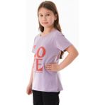 %100 Pamuk Simli Love Yazı Baskılı Kız Çocuk Tişört - Lila - 9 Yaş