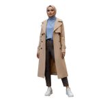 %100 Pamuk Uzun (110CM) Astarlı Kadın Tesettür Trençkot 1111-TES (Açık Bej, XL)
