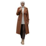 %100 Pamuk Uzun (110CM) Astarlı Kadın Tesettür Trençkot 1111-TES (Taba, XXL)