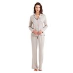 %100 Viskoz Jakarlı Saten Uzun Kol Önden Düğmeli Bej Pijama Takım C8T8N4O06 BEJ S