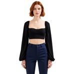 100% Viskoz Yazlık Crop Bluz Çok Çiçek Desenli Balon Kollu Fitted Özel Tasarım - Siyah - 34